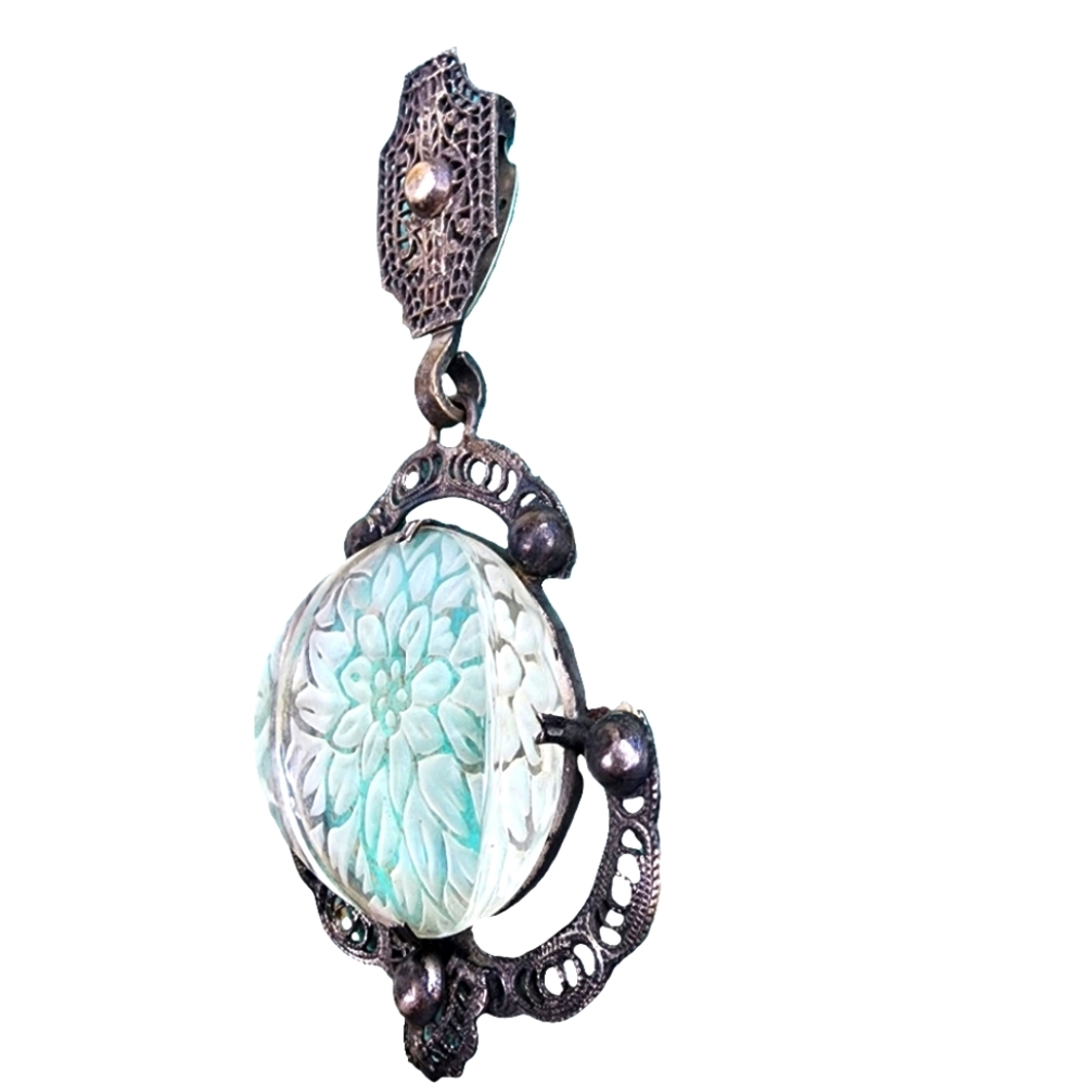 Lalique type antique reverse carved flower  floral scarf clip filigree a… - Picture 3 of 12
